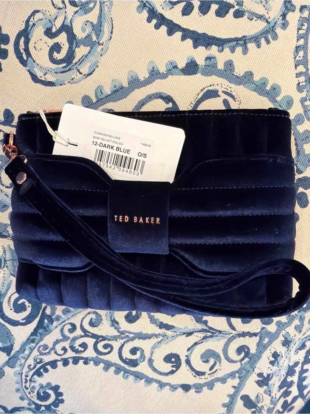 Ted Baker Navy “Junie” Velvet Quilted Wristlet Clutch NWT